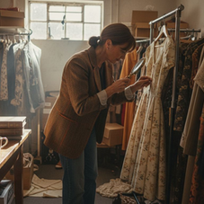 Expert evaluating vintage clothing rack