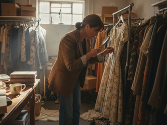 Expert evaluating vintage clothing rack