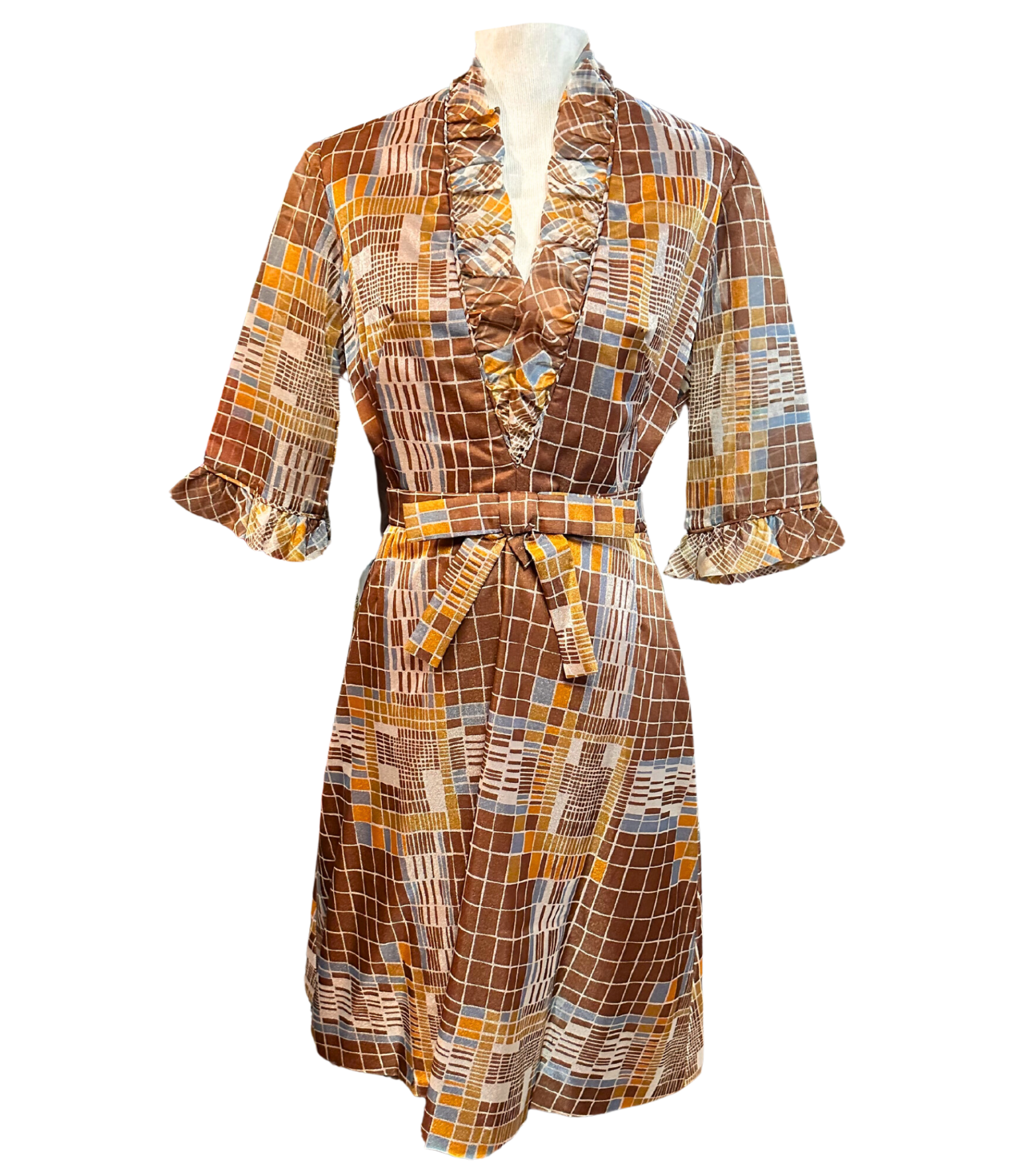 1970s Vintage Geometric Ruffled Midi Dress | Vintage Dress | Vintage Clothing | 1970s Fashion