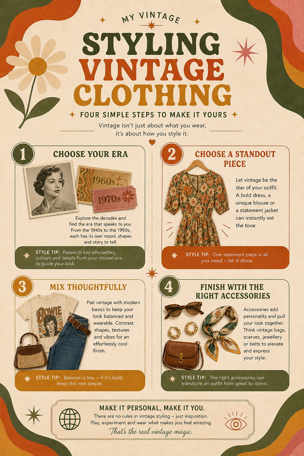 Infographic titled "Styling Vintage Clothing" with steps: choose era, standout pieces, mix styles, accessorise. Features vintage photos, flowers.