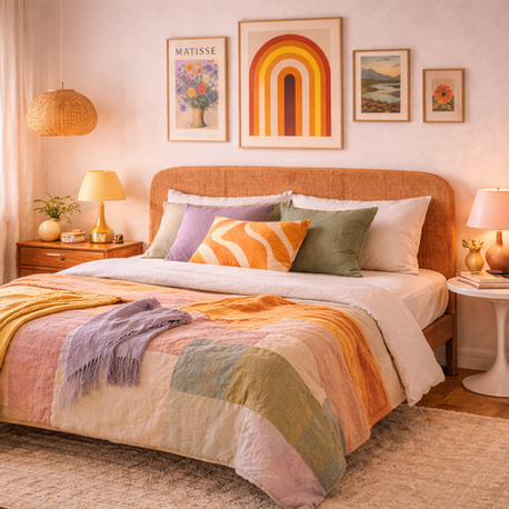 Cozy bedroom with a colourful bedspread, pillows, and plants. Warm lighting from lamps. Art on walls includes rainbow and flower prints.