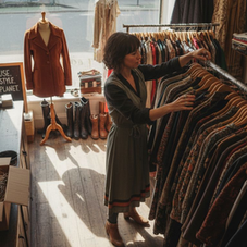 Store manager organises vintage clothing rack