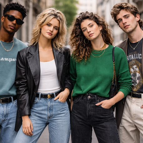 Four stylish people pose confidently in a city street. One wears a blue Champion sweatshirt, another a Metallica tee. Casual, urban vibe.