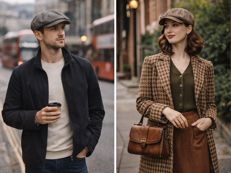 Man with coffee cup and woman with handbag, both wearing tweed caps and jackets. Set in an urban street with double-decker buses.