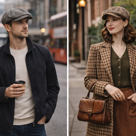 Man with coffee cup and woman with handbag, both wearing tweed caps and jackets. Set in an urban street with double-decker buses.