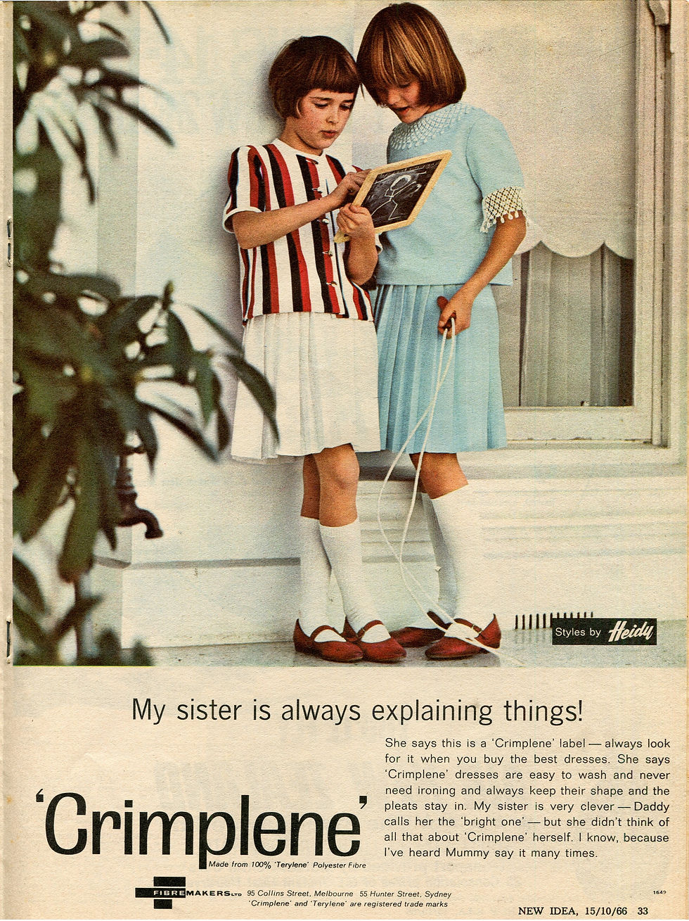 Original 1966 magazine advertisement promoting Crimplene as an easy-care polyester fabric.