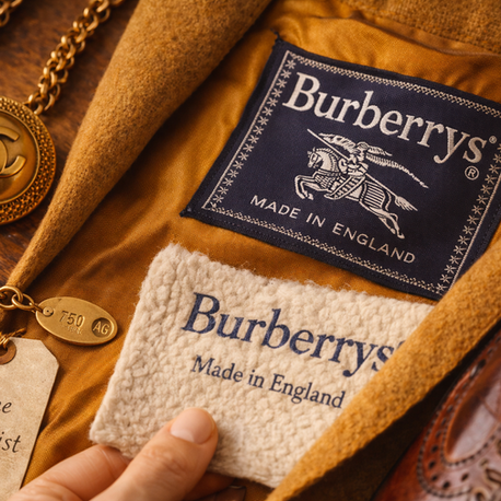 Close-up of a vintage Burberry coat label, surrounded by a gold chain and leather shoe. A tag reads "for the minimalist." Warm colours dominate.