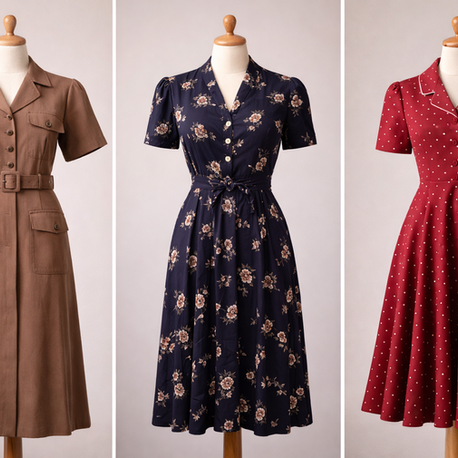 Three 1940s vintage dresses on mannequins: brown with pockets, navy with floral print, and maroon with white polka dots, in neutral setting.
