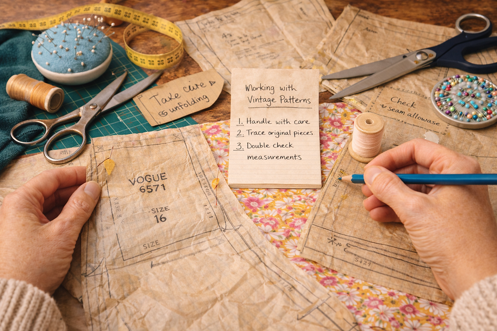 Hands hold vintage sewing patterns on a floral table with scissors, thread, and pins. Note reads: "Working with Vintage Patterns."