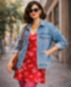 Woman in sunglasses, wearing a red floral dress and vintage denim jacket, stands confidently on a city street. She has a stylish, bold look.