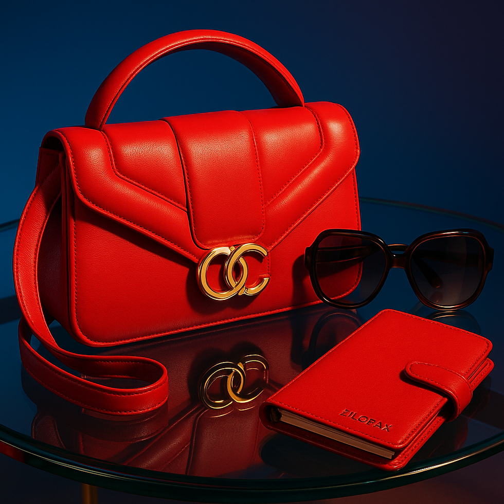 Red 80s boxy handbag with gold emblem, sunglasses, and red Filofax on glass table. Dark blue background, elegant and stylish.