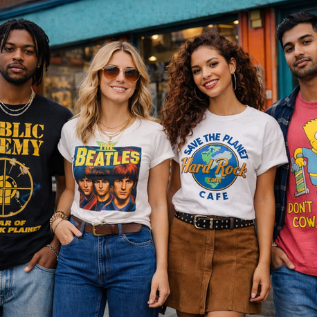 Four people in graphic T-shirts smiling on a street. Shirts feature Public Enemy, The Beatles, Hard Rock Cafe, and Bart Simpson. Casual vibe.
