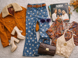 Flat lay of authentic 70s party costume