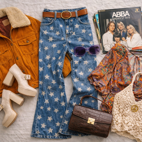 Flat lay of authentic 70s party costume