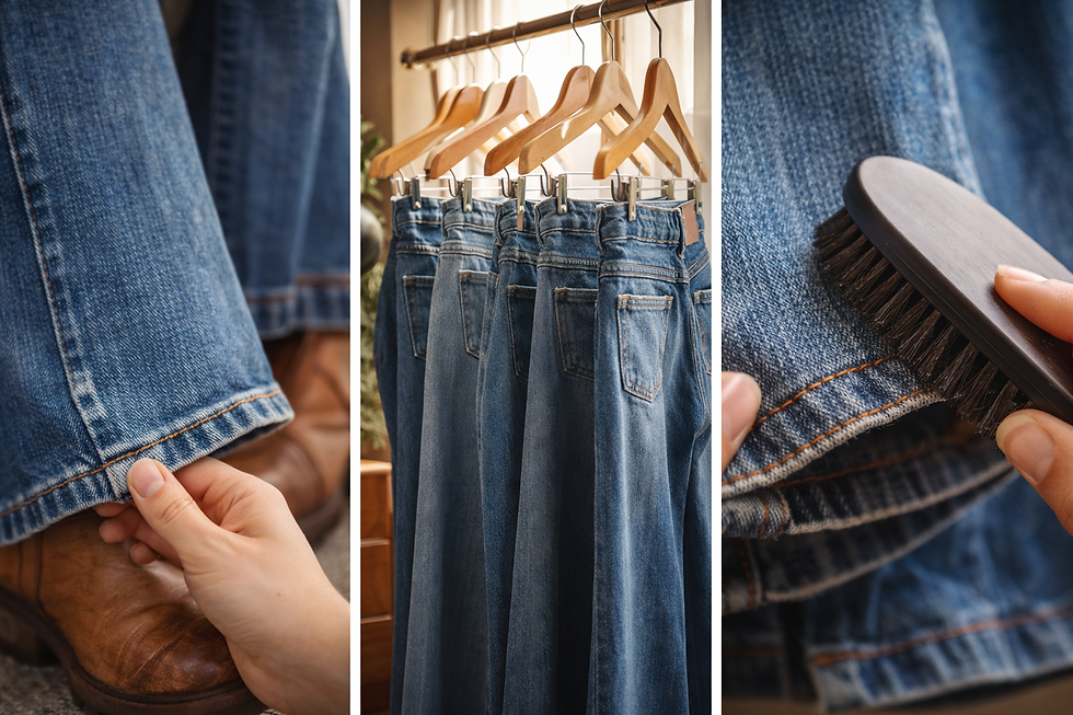 Caring for vintage flared jeans with close up of denim stitching cuffing and garment care details