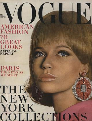 1960s Vogue cover with a woman’s portrait in pink, featuring text about American fashion, Paris, and The New York Collections