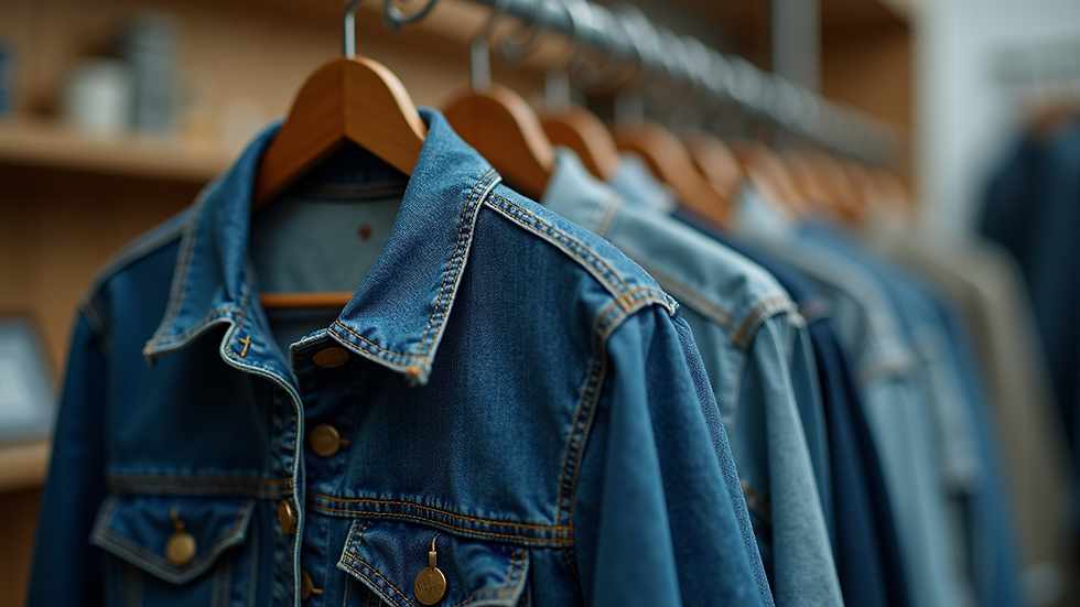Eye-level view of a vintage denim jacket hanging on a rack
