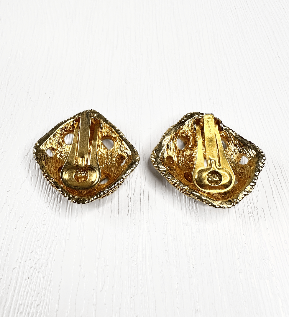 Thumbnail: back view of gold tone basket weave clip on earrings with textured metal