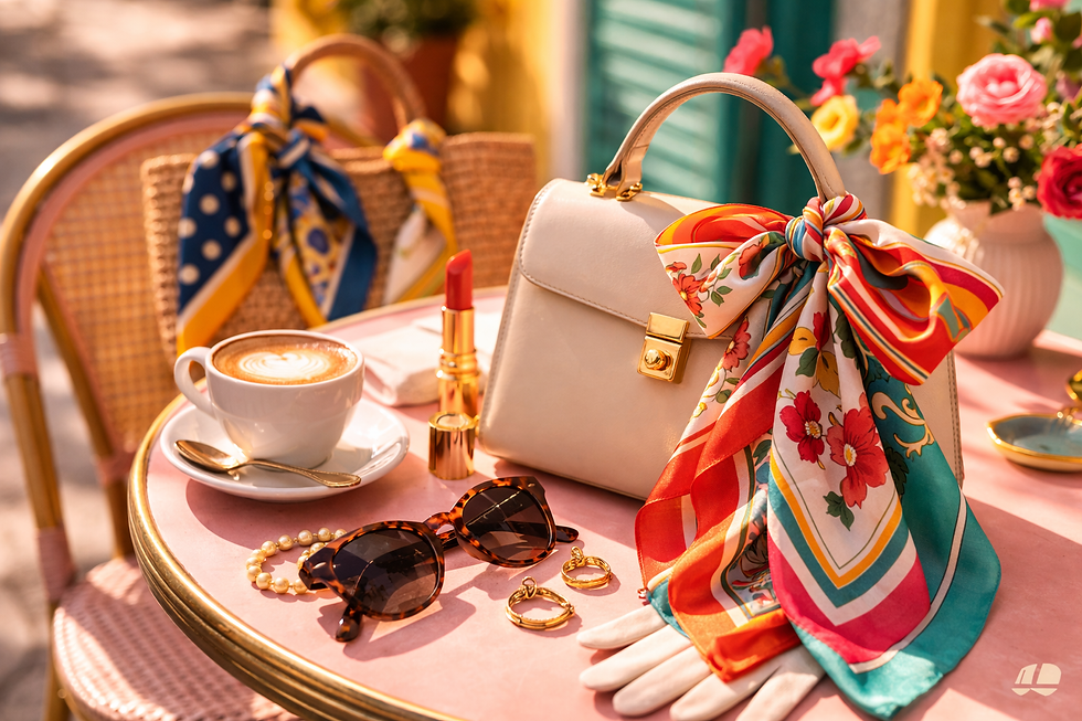 Stylish cafe scene with a latte, lipstick, sunglasses, pearl bracelet, cream handbag with a floral scarf, and flowers on a pink table.