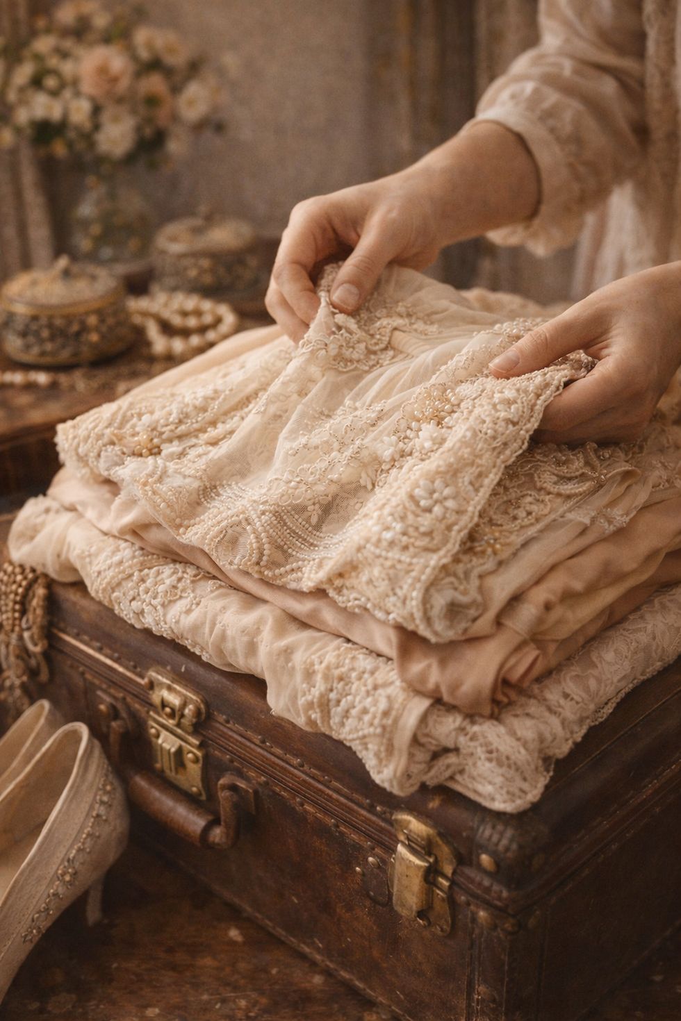 Hands folding lace dresses on a vintage suitcase with beaded shoes nearby. Soft, neutral tones, ornate patterns, and a vase of flowers.