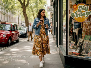 Woman wearing stylish vintage dress and cropped denim jacket, on the high street