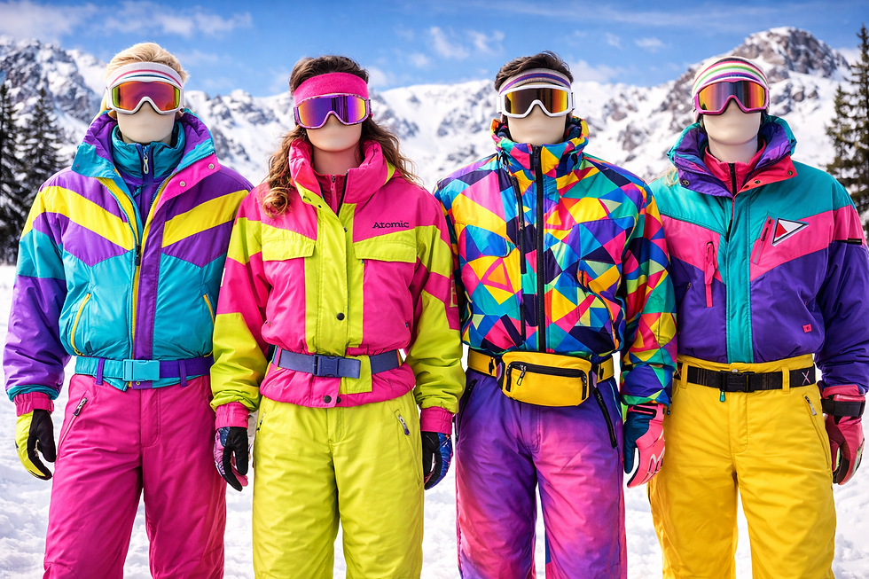 Four mannequins in colourful 80s ski suits and goggles stand in a snowy mountain backdrop. Bright geometric patterns and vibrant neon colours.