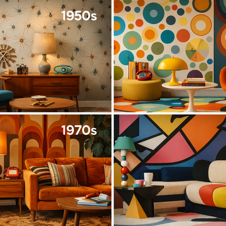 Four retro room designs: 1. 1950s: Starburst wallpaper, teal chair. 2. 1960s: Circles, orange chair. 3. 1970s: Earth tones. 4. 1980s: Geometric, colorful sofa.