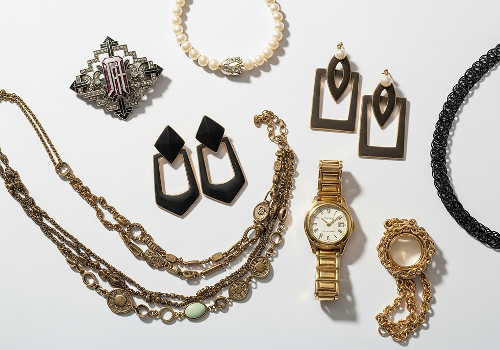 Assorted vintage jewellery on white: gold necklaces, a pearl bracelet, black-gold earrings, a gold watch, and a brooch with a red monogram.