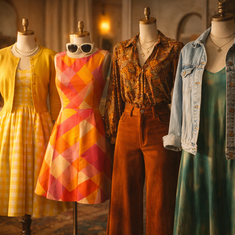 Four mannequins in colorful vintage outfits stand in a warmly lit room: yellow dress, patterned dress, paisley shirt, and denim jacket.