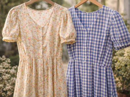Two vintage cotton dresses with floral and gingham prints hanging outdoors in soft natural sunlight
