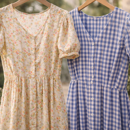 Two vintage cotton dresses with floral and gingham prints hanging outdoors in soft natural sunlight