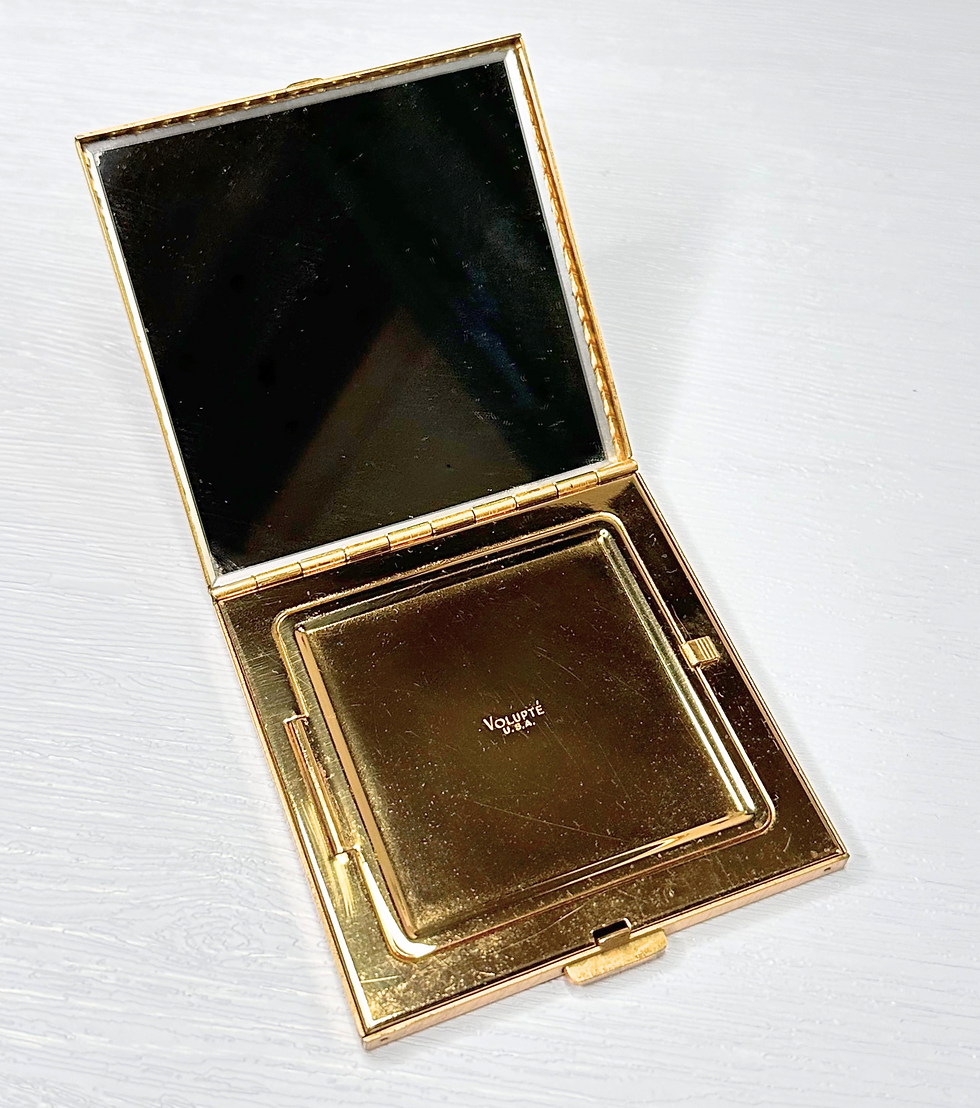 Thumbnail: Rare 1950s Vintage Volupté Bejewelled Brass Powder Compact open view 2