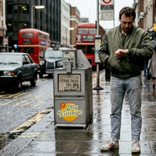 Man in 1980s casual streetwear at bus stop