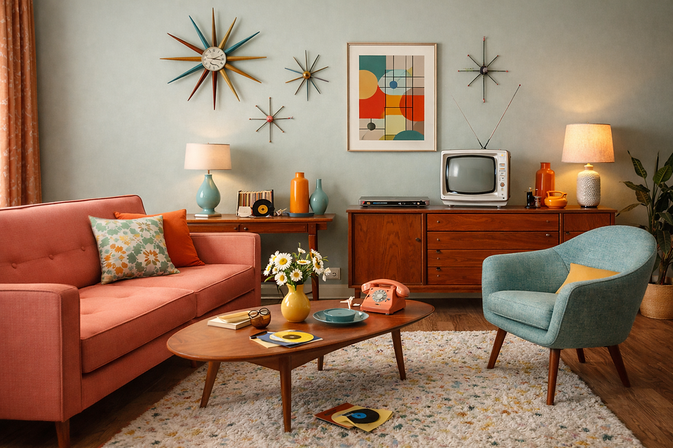 1950s mid-century modern living room with pastel furniture, atomic wall clocks and retro television
