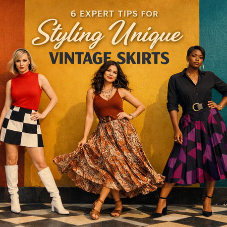 Three women in vintage skirts pose confidently against a colorful wall. Text: "6 Expert Tips for Styling Unique Vintage Skirts. My Vintage."