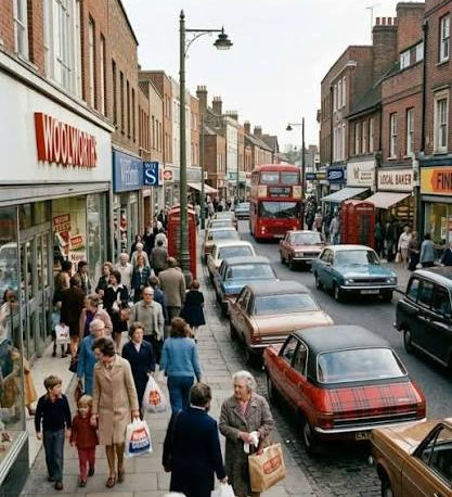 Busy British high street recalling Saturday shopping trips before online shopping