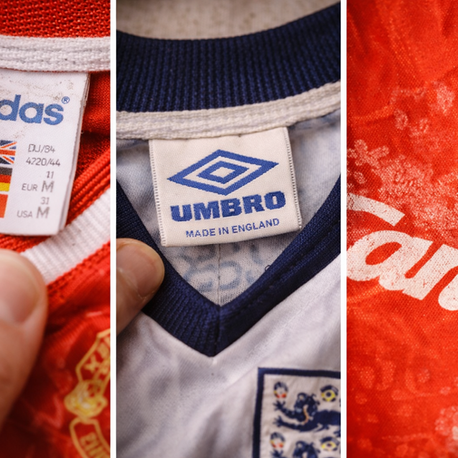 Close-up of three football shirt tags: Adidas with flags, Umbro with "Made in England," and a red Candy jersey with a blurred pattern.