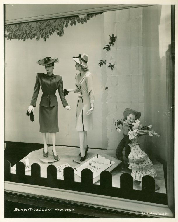 Black-and-white Bonwit Teller fashion window display with mannequins