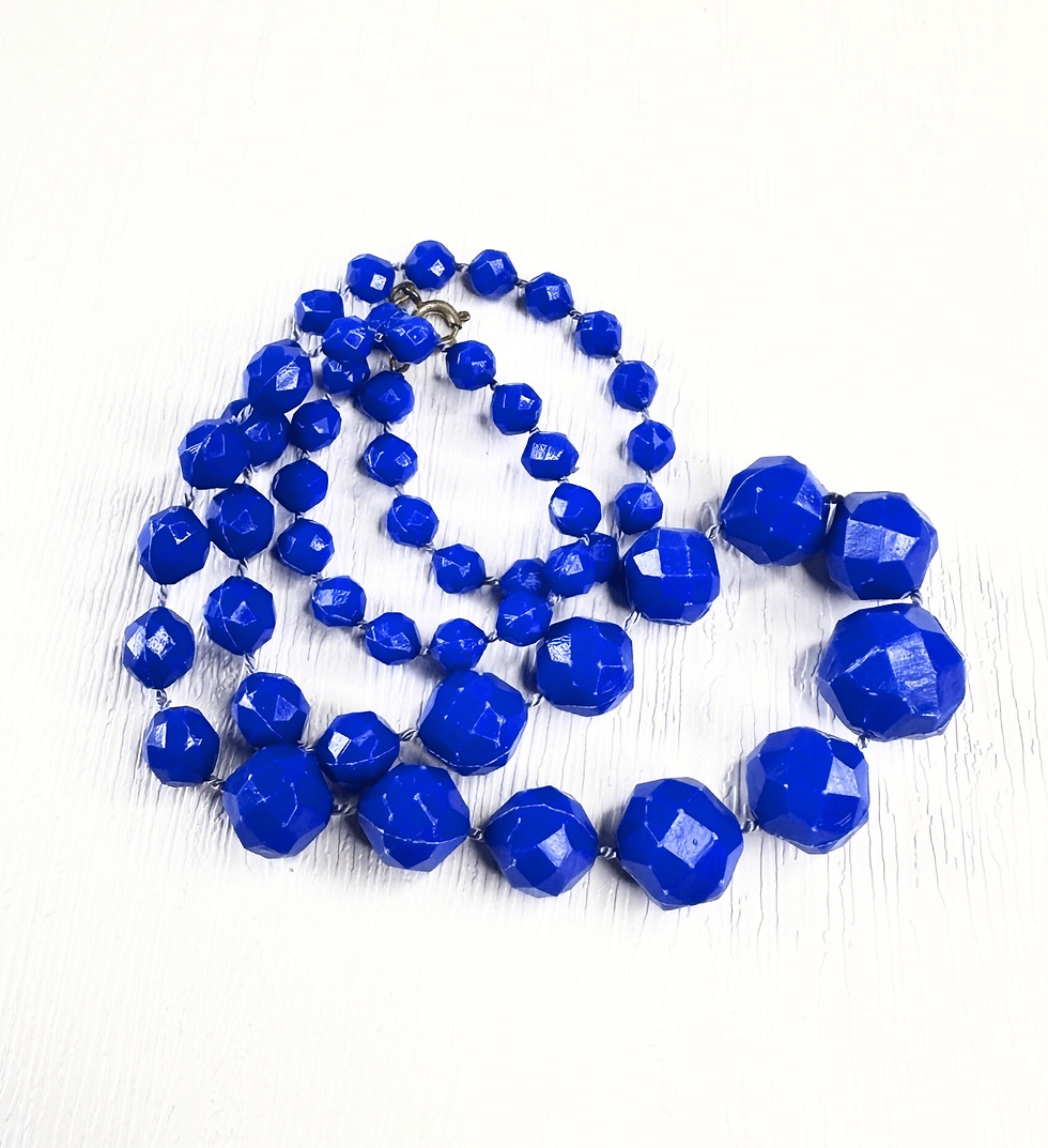 Thumbnail: 1960s vintage cobalt blue bead necklace showing clasp and graduated bead detail