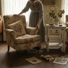 Woman arranging vintage shabby chic living room