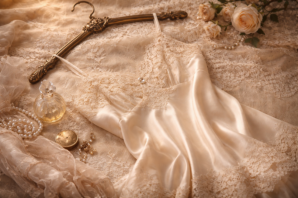 Silk and lace nightgown on lace fabric, with pearls, perfume, and flowers. Vintage hanger and golden compact add a romantic touch.