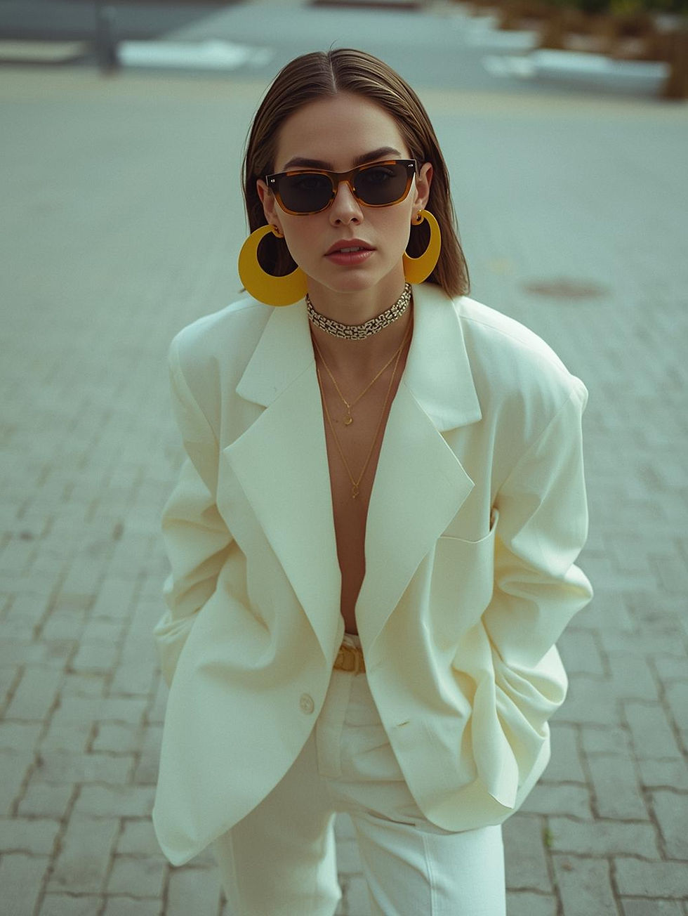 Woman in white suit with bold yellow earrings and sunglasses poses confidently on a paved street. Urban background, chic fashion vibe.