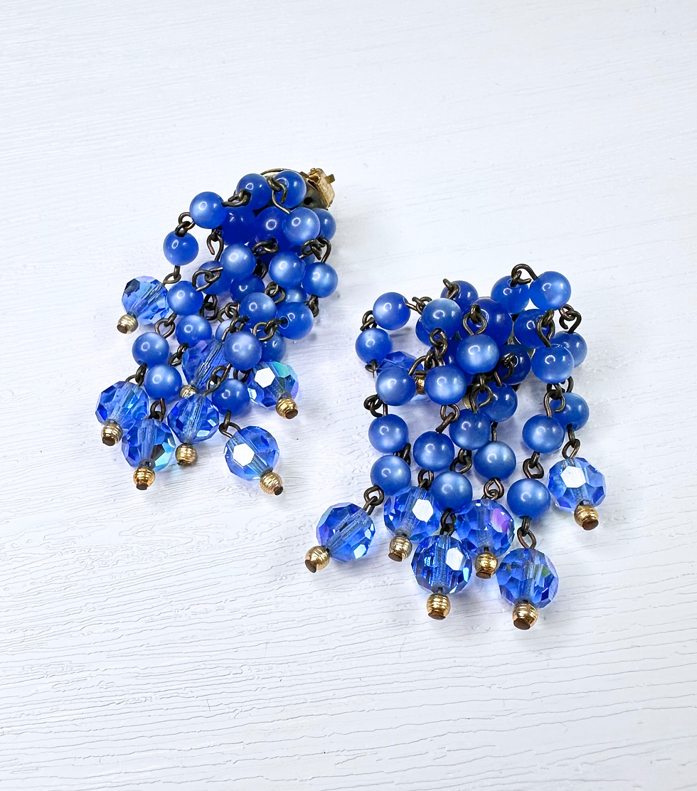 1960s Vintage Blue Bead Cluster Earrings front view