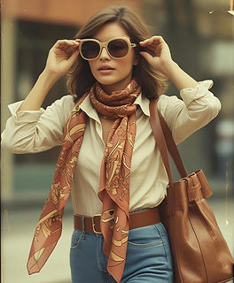 Stylish woman wearing oversized retro sunglasses, patterned silk scarf, leather handbag and belt, paired with high-waisted jeans and blouse — Vintage Accessories page banner.