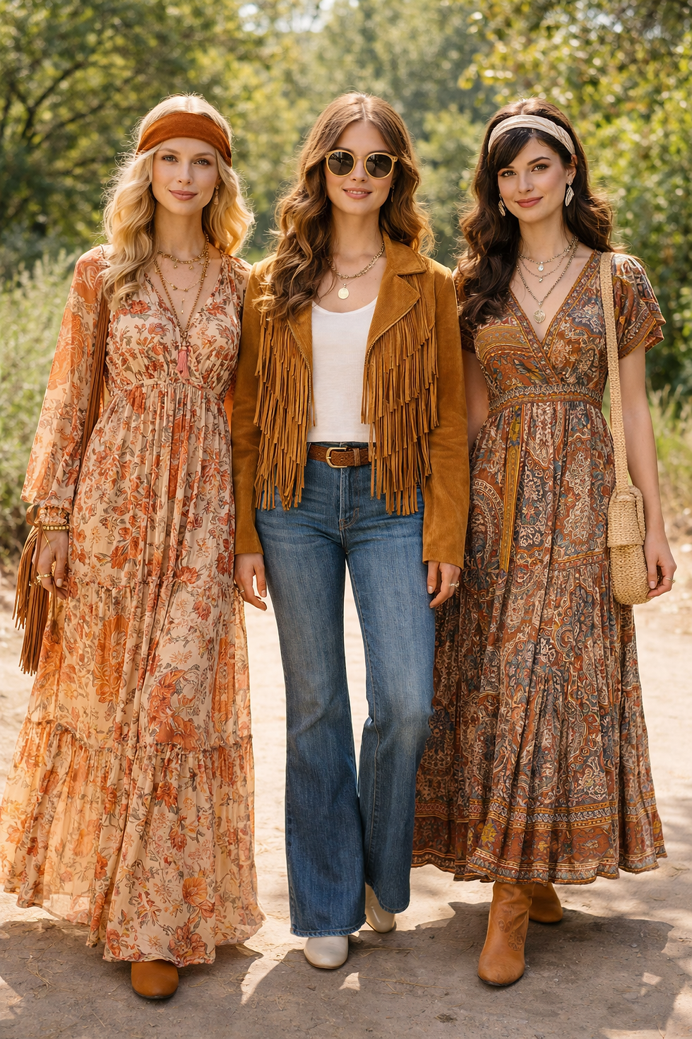 1970s boho vintage clothing with maxi dresses suede fringe jacket flared jeans and earthy tones