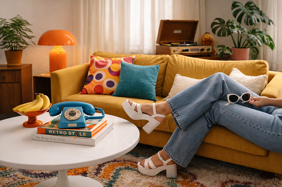 Retro living room with yellow sofa, colorful pillows, and person in jeans holding sunglasses. Blue phone, bananas on table. Relaxed vibe.