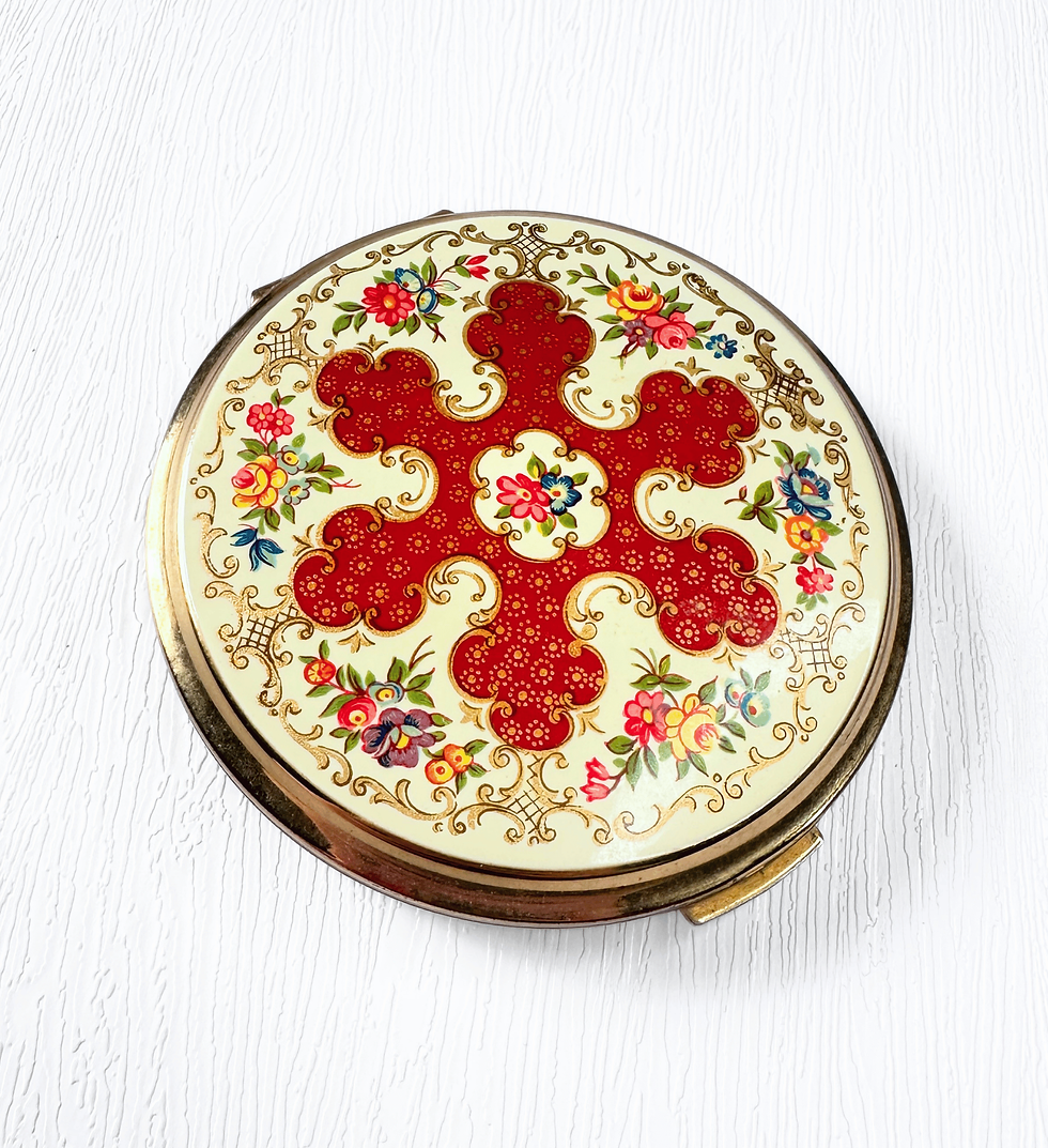 1950s vintage Stratton floral enamel powder compact ornate red and gold lid
