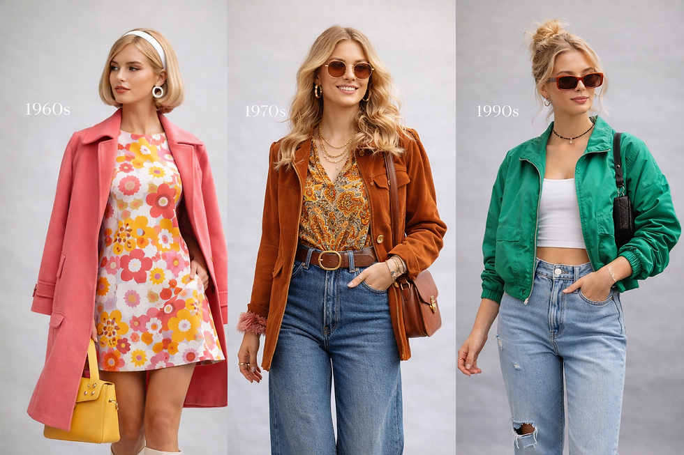 Three women modeling fashion from the 1960s, 1970s, and 1990s. Vivid colors, floral and retro styles, each exuding confidence.