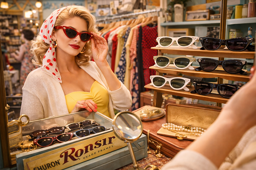 Woman trying on red cat eye sunglasses inside colourful vintage clothing boutique