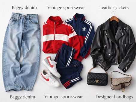 Baggy denim jeans, red and blue vintage sportswear, leather jacket, and designer handbags on display. Labels identify each style.
